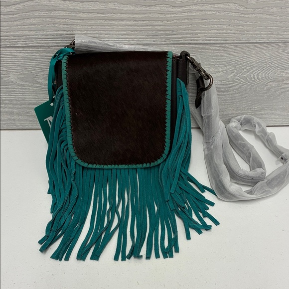 Montana West Handbags - Montana West Brown Faux Calves Hair and Leather Teal Fringe Crossbody Bag
